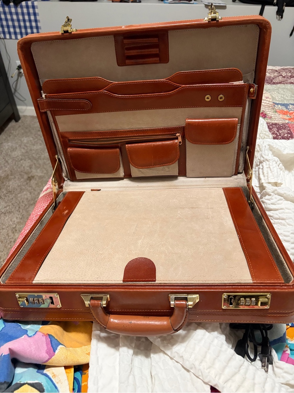 Tan and Cream Leather Briefcase Organizer - code numbers for locking